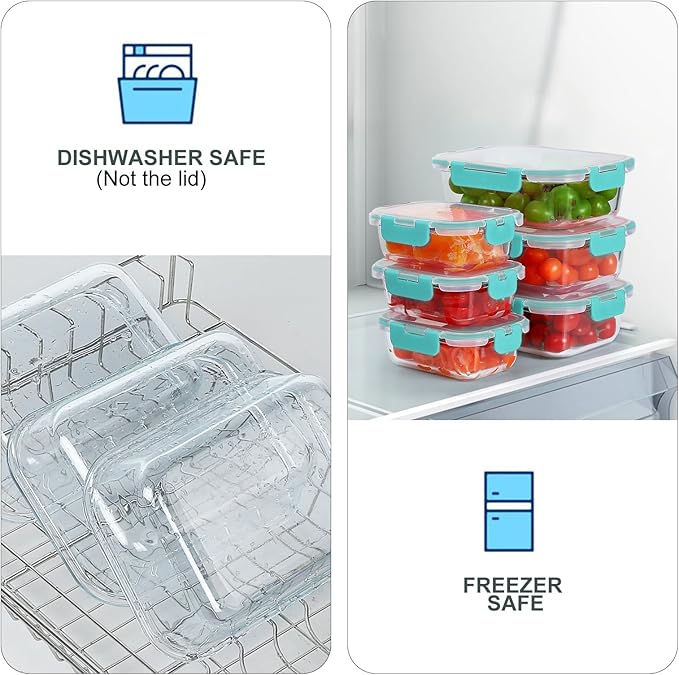 KOMUEE 10 Pack Glass Food Storage Containers, Meal Prep Containers with Lids, Airtight Glass Lunch Boxes, Freezer, Oven, and Microwave Safe, Green