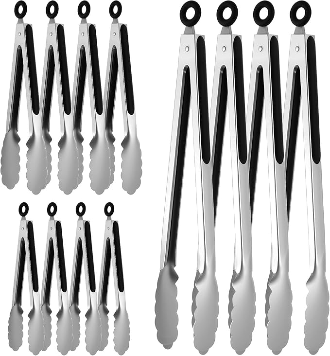 12 Pcs Stainless Steel Kitchen Tongs, 7/9/12 Inches Heat Resistant Cooking Tongs Heavy Duty Metal Locking Tong Non-Slip Metal Food Tong for Cooking Food Grill Salad BBQ