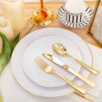 Festiva 176Pcs White and Gold Plastic Plates - White with Gold Rim Fall Dinnerware Set - 25Guest include Plates Cups Cutlery Napkins for Birthday Party&Wedding& Easter