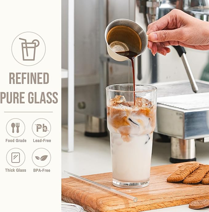 SoulTimes 20oz Glass Tumbler with Lid and Glass Straw –Set of 4, Clear Reusable Iced Coffee Cup, Drinking Glass for Coffee, Tea, Juice, Smoothies – Durable & Elegant Glassware