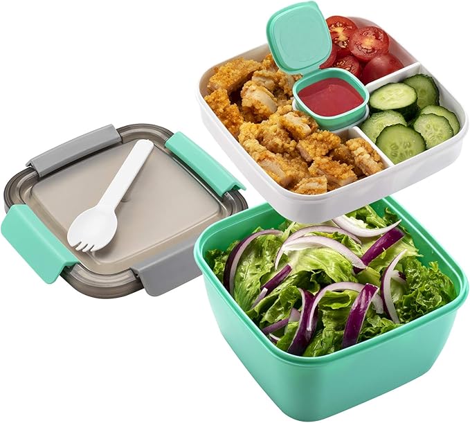 Freshmage 52-oz Lunch Container To Go - Salad Bowl With 3 Compartments and Dressing Container for Toppings, Snacks - for Men, Women (Green)