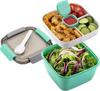 Freshmage 52-oz Lunch Container To Go - Salad Bowl With 3 Compartments and Dressing Container for Toppings, Snacks - for Men, Women (Green)