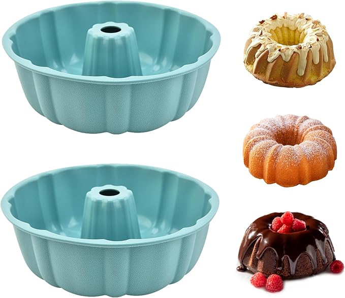 2 Pack Silicone Cake Pan Nonstick,10 Inch, Silicone Cake Molds,Pound Cake Pan, Baking for Jello,Gelatin,Cake,Brownie and Bread (Blue+Blue)