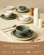 Pokini 16 Piece Double Bowl Dinnerware Sets with Pasta Bowls, Highly Chip and Crack Resistant Plates and Bowls Sets, Natural Earthyware Ceramic Dishware Sets, Service for 4 Yellow White
