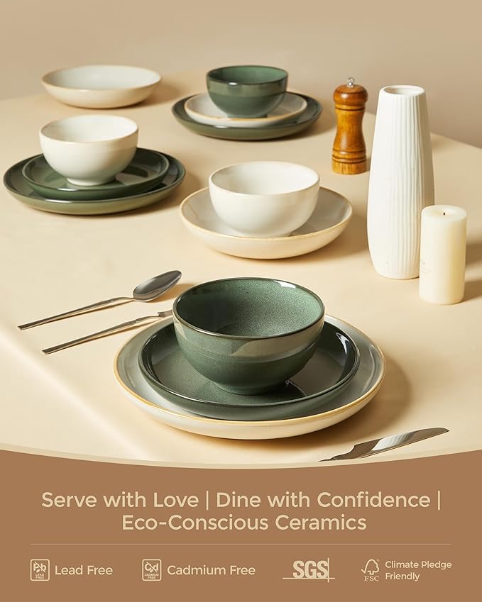 Pokini Stoneware Dinnerware Sets for 6, 18 Piece Microwave Safe Plate and Bowl Set, Easy to Clean & Durable Dishes Sets for Small to Medium Families, Yellow White
