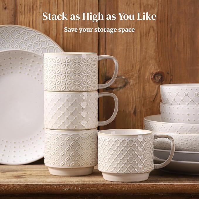 DOWAN 12oz Coffee Mugs Set of 4, Ceramic Coffee Mugs, Stackable Cappuccino Cups, Microwave Safe, Thick-Walled Design for Heat Retention, Office and Home Use