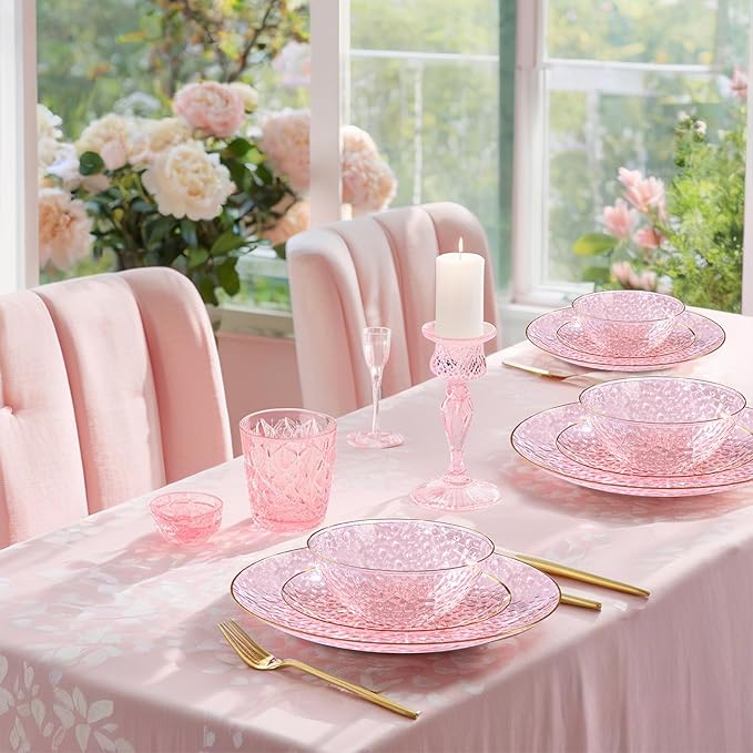 I00000 50 Pack 12 Ounce Pink Plastic Bowls Serving Bowls Hammered Clear Bowl with Gold Rimmed, Heavy Duty Disposable Bowl Set,Small Bowls for Wedding Party