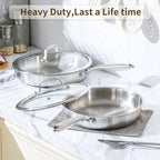 DELARLO Tri-Ply Stainless Steel Pan, 18/10 Frying Pan, Oven Safe Up to 600°F, Nontoxic Cookware, Compatible with All Cooktops Skillet, Durable, Fast Even Heat Fry Pan,12 inch Pan with Glass Lids