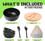 ECOWAY Bamboo Fiber Salad Bowl Set,Large Mixing Bowl with Natural Bamboo Lid and Utensils,4 Serving Bowls,Spoon,Fork and Fabric Bag for Salad,Soup,Vegetables,Pasta and Fruits(Black,9.8inches)
