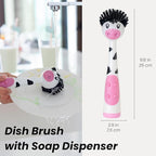 Vigar Moo Cow-Shaped Soap Dispensing Dish Brush, Dish Brush with Soap Dispenser for Pot Scrubber, Dishes, Sink, and Kitchen Essentials, White, Black