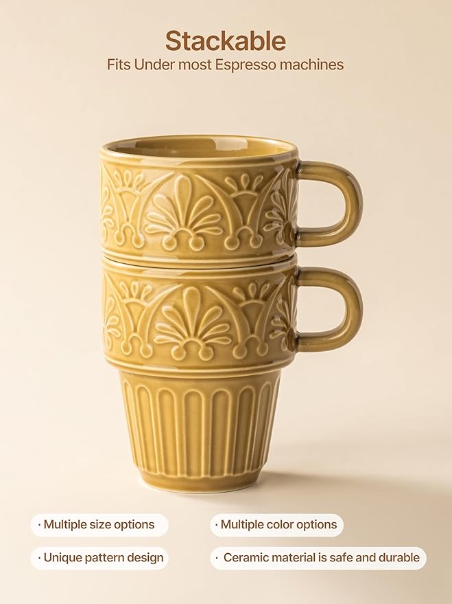 LYEOBOH Ceramic Mugs, 12 OZ Khaki Coffee Mugs Set of 4, Stackable Mug, Microwave & Dishwasher Safe, Stylish Texture Design for Coffee Tea Milk, Ideal for Home Kitchen Party & Festival Gifting