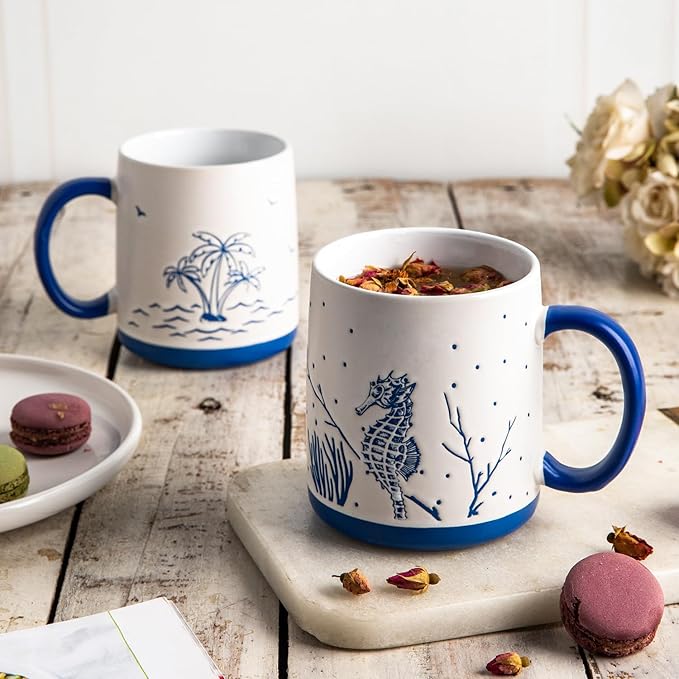 AmorArc Large Coffee Mugs Set of 6, 18oz Ceramic Coffee Cups with Sea Life Textured Patterns for Tea Latte Cocoa. Easy to Hold&Clean, Dishwasher&Microwave Safe, Matt White