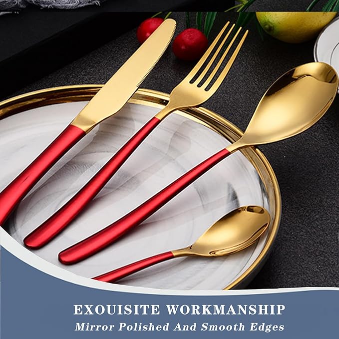 Caliamary 24 Pieces Silverware Set, Stainless Steel Flatware Set with Silverware Holder Spoons Forks Knives Set,Utensils Set Service for 6,Cutlery Set for Kitchen (Red), 9.6inch