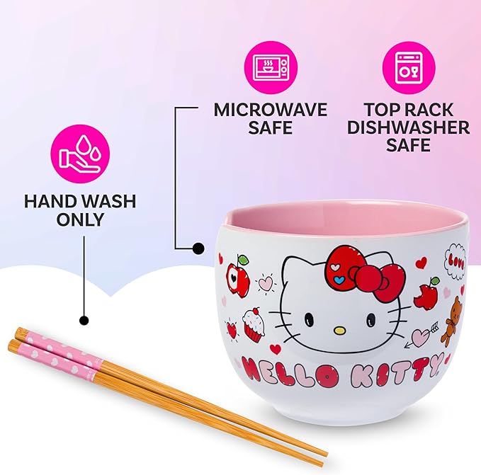 Silver Buffalo Sanrio Hello Kitty Apples and Hearts Doodles Ceramic Ramen Noodle Rice Bowl with Chopsticks, Microwave Safe, 20 Ounces