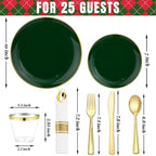 KIRE 175PCS Green Plastic Plates with Gold Rim - Heavy Duty Green Plates Disposable Include 50 Fancy Plastic Plate, 25Pre Rolled Napkins 25 Cups For Party/Wedding/Spring