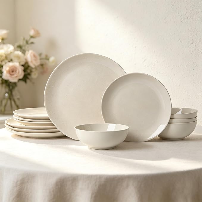 Ceramic Dinnerware Sets-12 Pieces Set, Plates Pasta Bowls Soup Bowls, Modern Stoneware Dishes, Reaction Glaze Black (Sky white)