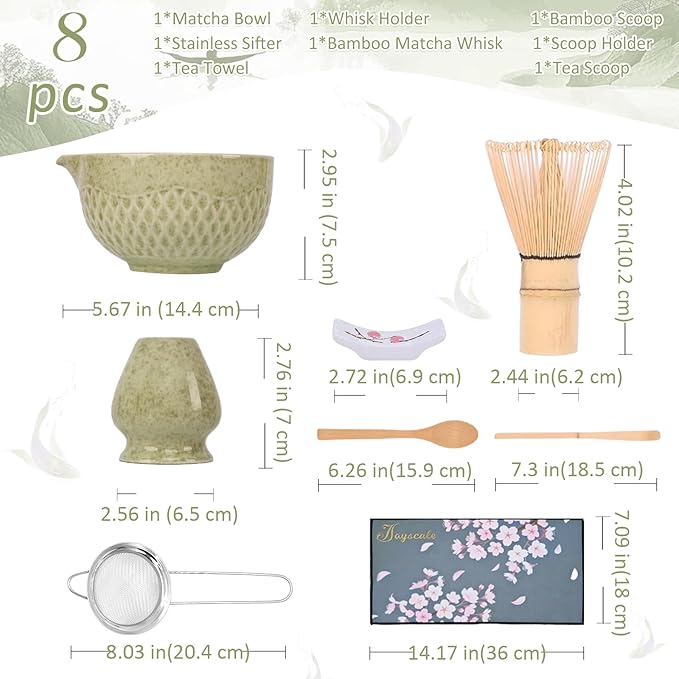 Joyscale Matcha Whisk Set, Matcha Set Whisk And Bowl, 8 Pcs Matcha Kit Set(Texture Design), 16 OZ, Japanese Matcha Tea Set, Matcha Making Kit Gifts for Tea Lovers(Macha Green)
