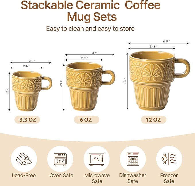 LYEOBOH Ceramic Mugs, 12 OZ Khaki Coffee Mugs Set of 4, Stackable Mug, Microwave & Dishwasher Safe, Stylish Texture Design for Coffee Tea Milk, Ideal for Home Kitchen Party & Festival Gifting