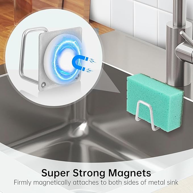 Magnetic Sponge Holder for Kitchen Sink,1 Pcs Strong Magnetic Stainless Steel Rack Stand, Kitchen Accessories, Dish Sponge Organizer, Scrubber Caddy, with Extra Magnets and Metal Plates