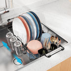 iSPECLE Small Sink Dish Drying Rack with Cup Holder, Expandable Rust Resistant Dish Drainer for RV Kitchen, Dish Rack with Tightening Knob, Arms with Non Slip Rubber, Fit Sink 12"-16.8" L, Black