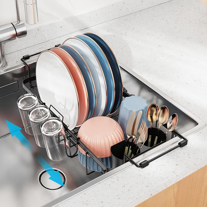 iSPECLE Small Sink Dish Drying Rack with Cup Holder, Expandable Rust Resistant Dish Drainer for RV Kitchen, Dish Rack with Tightening Knob, Arms with Non Slip Rubber, Fit Sink 12"-16.8" L, Black