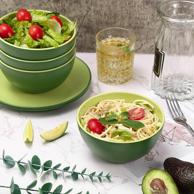 TP 12-Piece Melamine Dinnerware Sets, Plates and Bowls Dishes Set for 4, Break-Resistant & Non-Microwavable, Lightweight Dinner Plates, Avocado Green