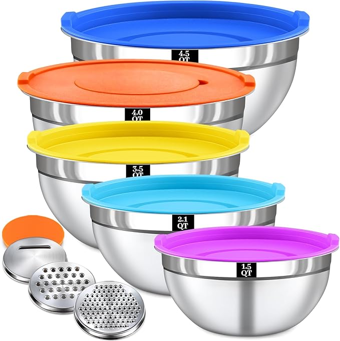 Mixing Bowls with Lids Set - 5 Nesting Mixing Bowls, 3 Grater Attachments, Airtight Lids, Stainless Steel Mixing Bowls for Mixing & Serving, Size 1.5/2.1/3.5/4/4.5 QT, Colorful