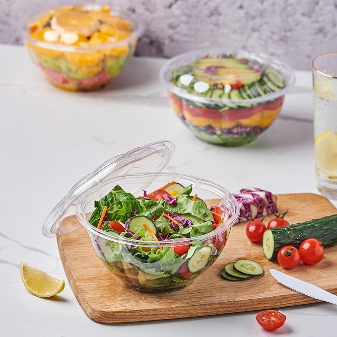 Jaluxing [32 oz. 50 Sets Clear Plastic Salad Bowls with Airtight Lids Disposable To Go Mixing Containers Serving for Fruit, Quinoa, Lunch and Meal Prep