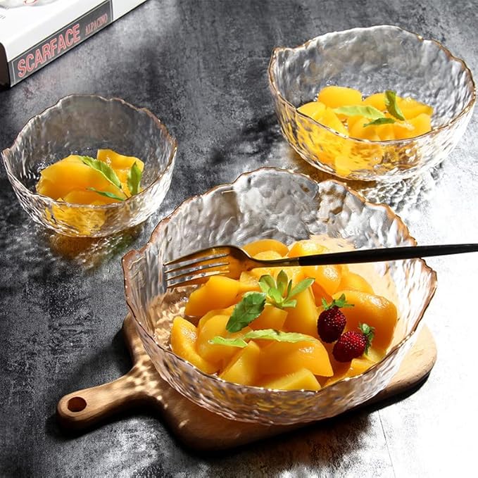 Glass Salad Bowl Irregular Lotus Flower Shape Serving Bowls, Mixing Nut Bowls for Kitchen Fruist, Snack, Dessert, and Ice Cream Candy Dishes (Crystal Clear with Gold Rim, Set of 3 (L,M,S))