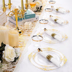 Nervure 175PCS Clear Gold Plastic Plates - Disposable Gold Party Plates & Pre Rolled Napkins with Cutlery for 25 Guests, 50Plates, 75Silverware, 25Cups, 25Napkin for Wedding & Party