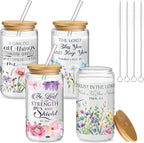 Mumufy 4 Pack Christian Gifts for Women Set Bible Verse 16oz Glass Tumblers with Straw, Inspirational Prayer Affirmation Cups, Religious & Spiritual Gift for Mom Wife Sister or Friends for Christmas