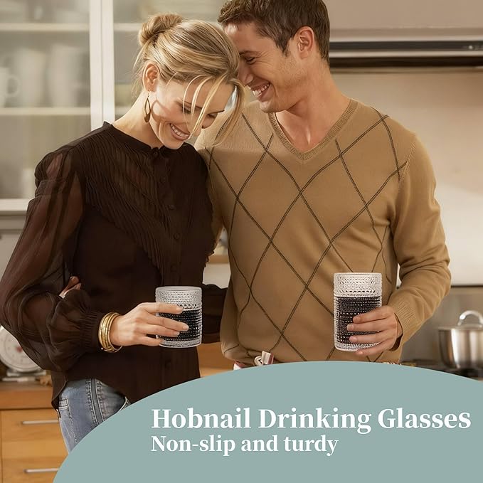 Amber Hobnail Drinking Glasses Set of 6,15 oz Vintage Highball Glasses,Drinkware Kitchen Glasses for Cocktail,Iced Coffee,Beer,Ice Tea,Wine,Whiskey,Water