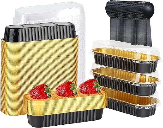 Mini Loaf Pans with Lids 100 Pack,LNYZQUS 6.8oz Aluminum Foil Mini Cake Baking Pans Cupcake Tins Containers,Disposable Ramekins Bread Baking Cups Muffin Tins Holders-Black