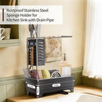MOUKABAL Sponge Holder for Kitchen Sink, 2-Tier Sink Caddy Organizer with Drain Holes and Hooks, Holds Dishcloth, Sponge & Brushes, Kitchen Countertop Storage for New Home Essentials Grey