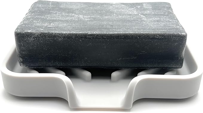 Happitasa Silicone Soap Dish Tray and Sponge Holder with Drain Chute and Feet | 3-Way Sloped Design | Bathroom and Kitchen Sink Organizer Caddy (Light Grey, 5"x4", 3.5 Ounces)