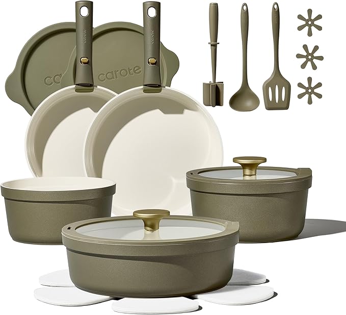 Carote 21pcs Ceramic Cookware Set with Detachable Handles, Pots and Pans Set Non Stick, RV Kitchen Cooking Pot and Pan, Dishwasher Safe, Non-toxic Induction Cookware PFAS and PFOA Free, Olive Green