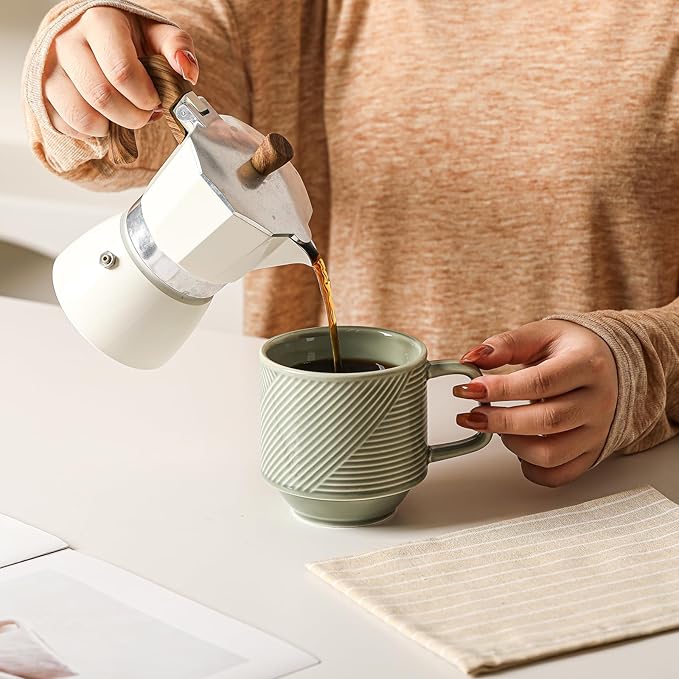 Stackable Coffee Mugs Set: 13 oz Ceramic Stacking Cups for Cappuccino Latte Tea - Microwave Safe Mug for Home & Office - 4 PCS, Pea Green