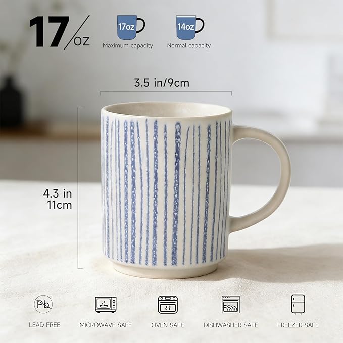 Ceramic Mugs Set of 6, Modern 17oz Coffee Mugs, Stackable Coffee Cups with Handpainted Blue Stripe Pattern, Dishwasher and Microwave Safe Mugs for Home & Office