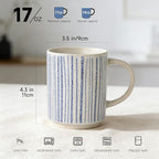 Ceramic Mugs Set of 6, Modern 17oz Coffee Mugs, Stackable Coffee Cups with Handpainted Blue Stripe Pattern, Dishwasher and Microwave Safe Mugs for Home & Office