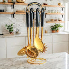 Novellus Stainless Steel Gold Kitchen Utensils Set with Holder, 7pcs Kitchen Accessories for Cooking, Household Utensils Includes Soup Ladle, Spatulas, Slotted Spoon, Pasta Spoon, Black & Gold
