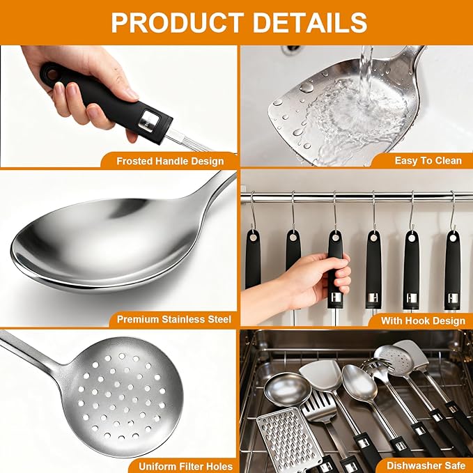 46Pcs 18/8 Stainless Steel Kitchen Utensils Set, Stainless Steel Cooking Utensils, Complete Tools with Metal Kitchen Gadgets for Beginner Cooks, Apartment Dwellers, Homemakers, Dishwasher Safe