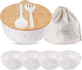 ECOWAY Melamine Salad Bowl, Bamboo Fiber Salad Bowl Large with 4 Small Serving Bowls and Bamboo Lid Cutting Board with Handle and Silicone Seal Ring Perfect for Storage Salad Foods(Spots,9.8 Inches)