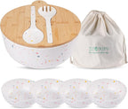 ECOWAY Melamine Salad Bowl, Bamboo Fiber Salad Bowl Large with 4 Small Serving Bowls and Bamboo Lid Cutting Board with Handle and Silicone Seal Ring Perfect for Storage Salad Foods(Spots,9.8 Inches)
