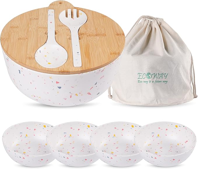 ECOWAY Melamine Salad Bowl, Bamboo Fiber Salad Bowl Large with 4 Small Serving Bowls and Bamboo Lid Cutting Board with Handle and Silicone Seal Ring Perfect for Storage Salad Foods(Spots,9.8 Inches)