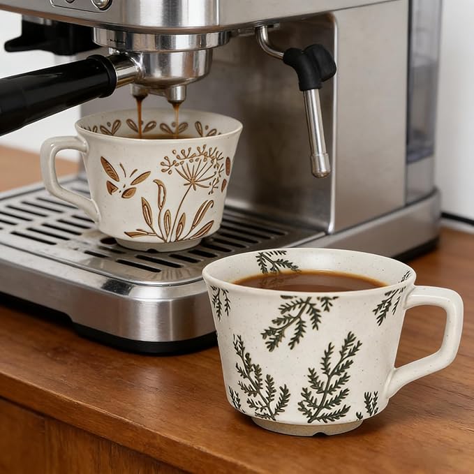 Vintage Ceramic Mug Set - 12 oz Unique Ceramic Coffee Mugs & Tea Cups with Hand-Drawn Patterns, Dishwasher & Microwave Safe, Ideal Gift