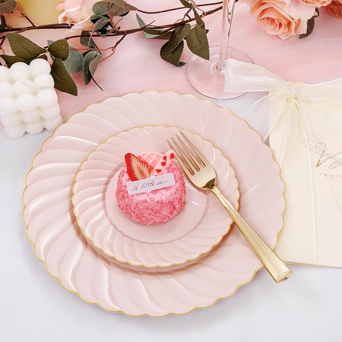 YOUBET 125Pcs Pink Plastic Plates with Gold Rim - Scalloped Plastic Plates Set Includes 25 Dinner, 25 Dessert Plate, 75 Gold Silverware for 25Geusts for Wedding Birthday Baby Shower Mothers Day