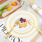 I00000 350Pcs Gold Dinnerware Set for 50 Guests, Gold Plastic Plates for Party, Include: 100 Disposable Plastic Plates, 50 Paper Napkins, 50 Cups, 50 Silverware Set Perfect for Party & Wedding