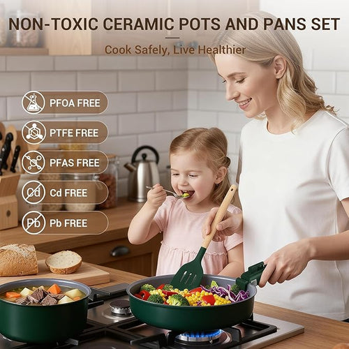 Ammeloo 18-Piece Ceramic Pots and Pans Set Non Stick, Non Toxic Cookware Set with Removable Handles, Pot Sets for Cooking, Induction Ready, Dishwasher & Oven Safe, PFAS PFOA & PTFE Free (Hunter Green)