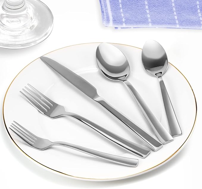 Silverware Set for 8, Briout 40 Piece Flatware Cutlery Set Stainless Steel Luxury Square Tableware Thick Knife Fork Spoon for Home Kitchen Restaurant Wedding, Mirror Polished, Dishwasher Safe