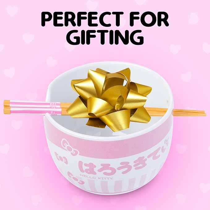 Silver Buffalo Sanrio Hello Kitty Pink Stripes Ceramic Ramen Bowl with Chopsticks, 20 Ounces